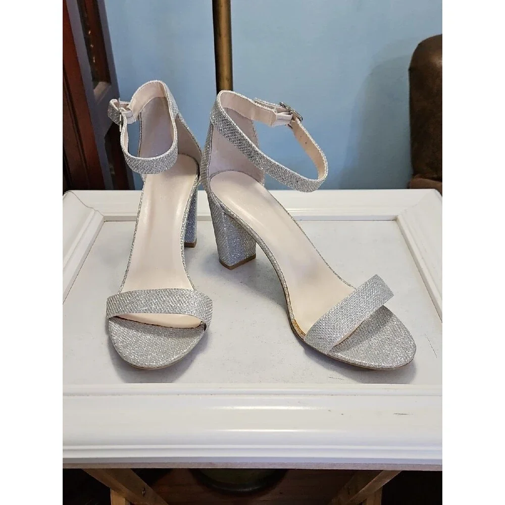 David's Bridal Arya Silver Glitter Ankle-Strap Block Heel Sandals - Women  11